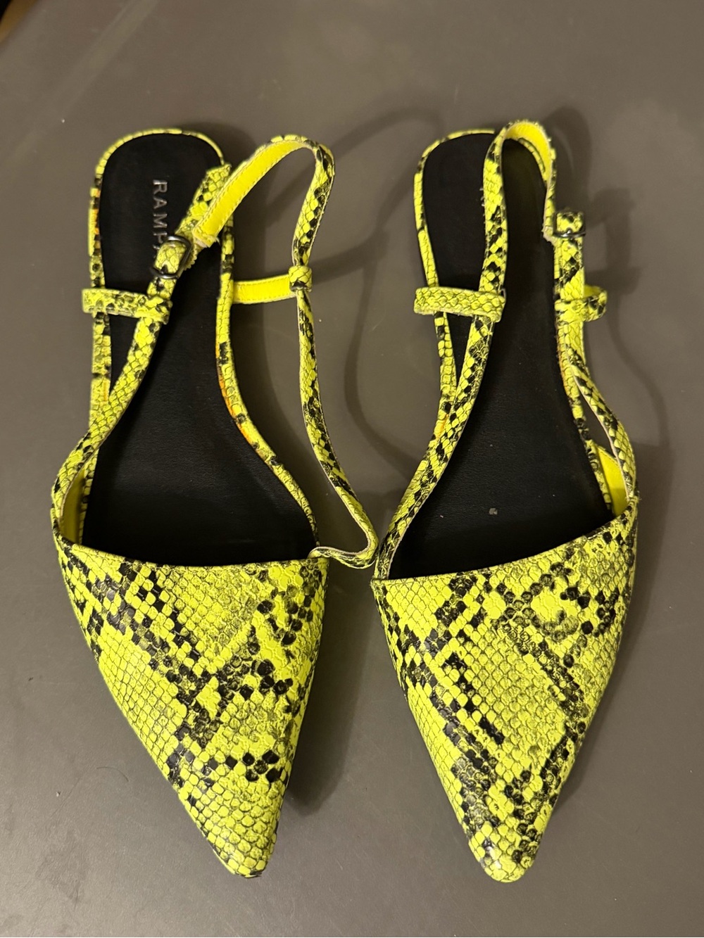 Rampage Neon Yellow Snake-Print Pointed Slingback Flats